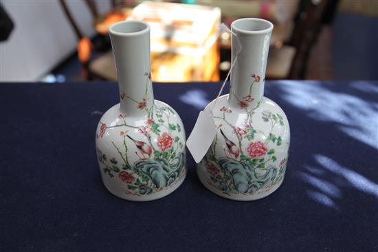 A pair of Chinese famille rose mallet-shaped vases, 19th century, height 18cm, one with shallow chip to inside of foot
